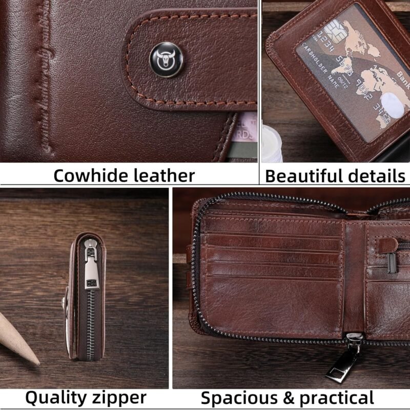 BULLCAPTAIN Genuine Leather Men's Wallet with Zipper Vintage RFID Blocking Large Capacity Wallet for Men with 14 Credit Card Slots and 1 ID Window T23 (Coffee) - Image 6