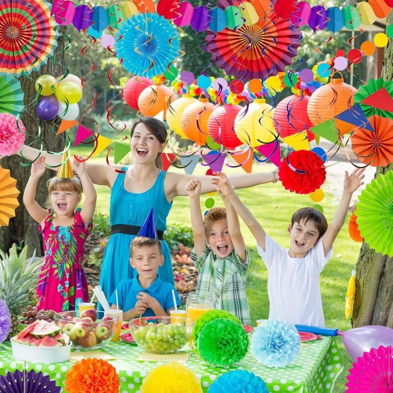 Fiesta Party Decorations Set 33Pcs, Multi-Color Cinco De Mayo Hanging Paper Fans, Paper Pom Poms, Pennant, Garland String and Banner for Fiesta, Cinco de Mayo, Birthday, Wedding or Mexican Party - Image 5