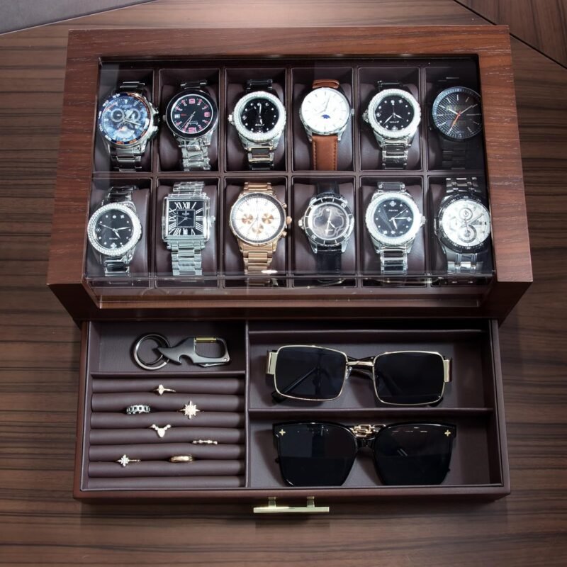 High End Watch Box for Men, 12 Slot Wooden Watch Case With Drawer, Watch Display Box with Glass Lid, 2-Layer Watch Holder for Jewelry and Watch Storage for Men Women , Ideal for Gift (With Gift Box) - Image 4