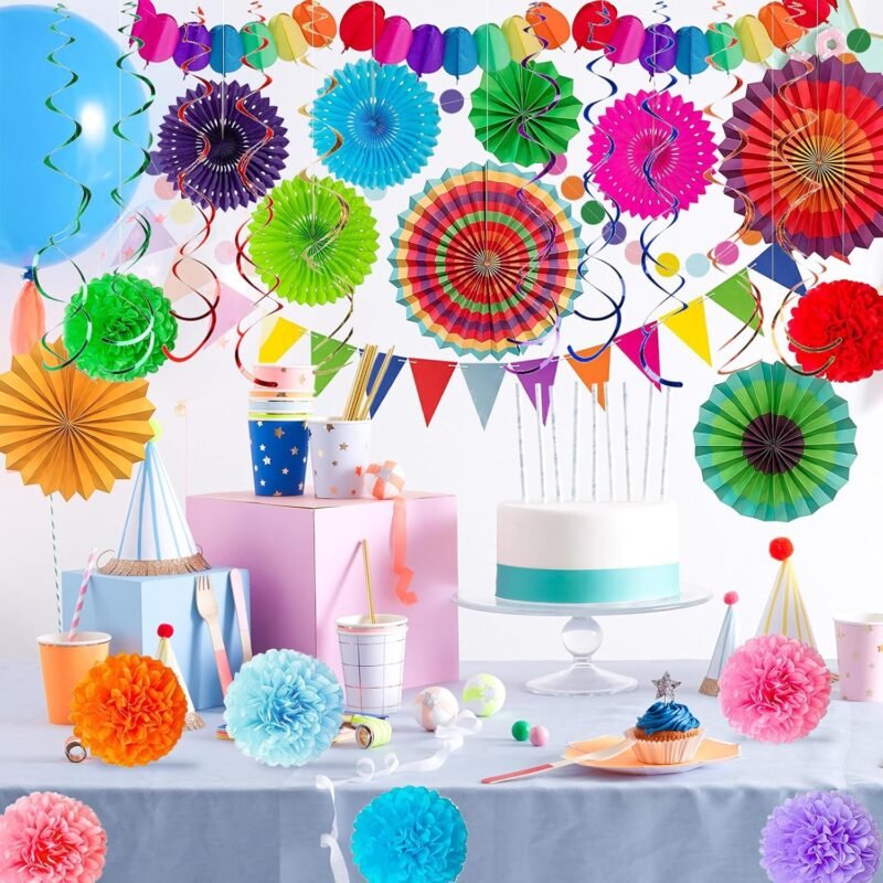 Fiesta Party Decorations Set 33Pcs, Multi-Color Cinco De Mayo Hanging Paper Fans, Paper Pom Poms, Pennant, Garland String and Banner for Fiesta, Cinco de Mayo, Birthday, Wedding or Mexican Party - Image 2