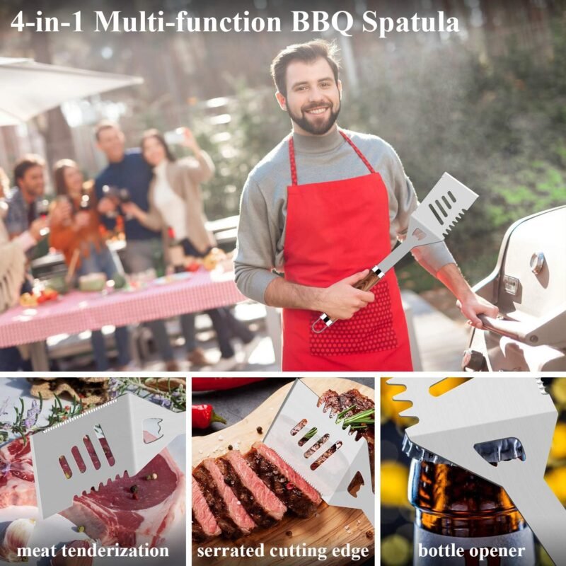 ROMANTICIST 25pcs Extra Thick BBQ Grill Accessories, Fathers Day Grilling Gifts Set for Men Dad, Heavy Duty Grill Tools Utensils Kit with Spatula, Tongs in Aluminum Case for Birthday Brown - Image 4