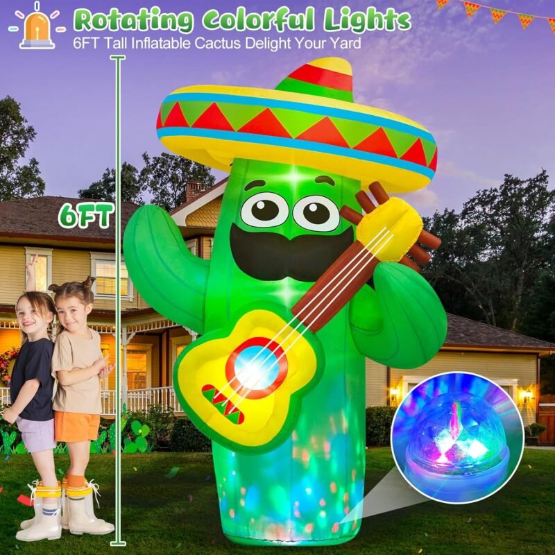 Danxilu 6 FT Cinco De Mayo Inflatables Outdoor Decoration, Blow Up Inflatable Cactus with Taco Sombreros Guitar Built-in LEDs for Indoor Yard Garden Lawn May 5 Fiesta Mexican Decorations Party - Image 2