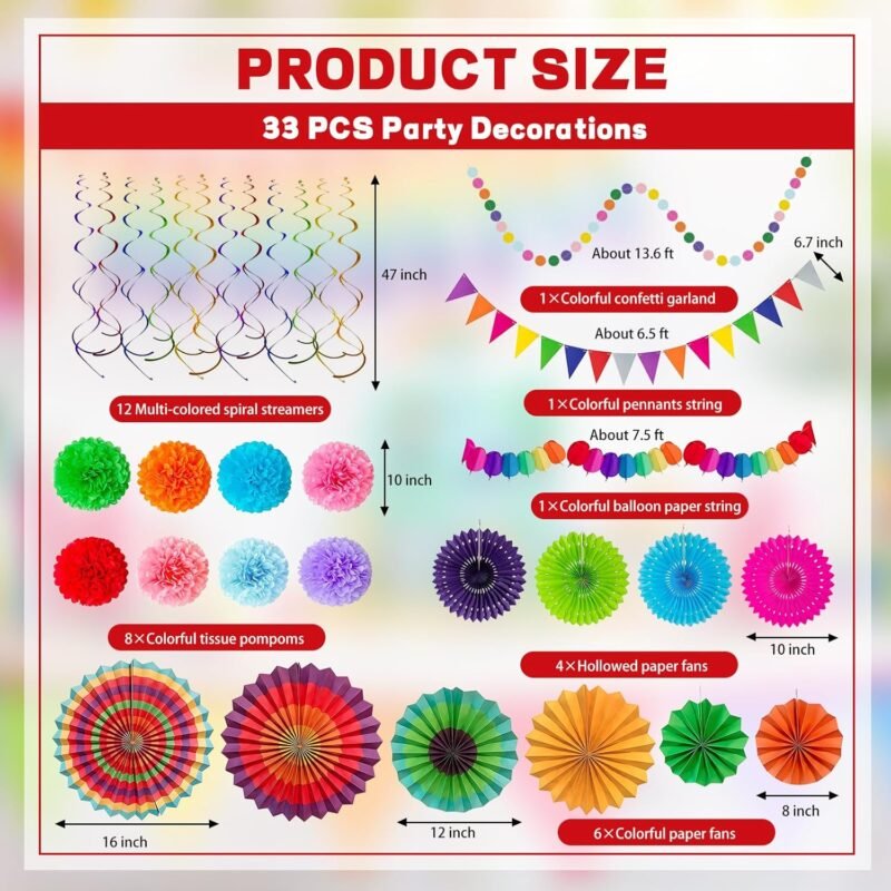 Fiesta Party Decorations Set 33Pcs, Multi-Color Cinco De Mayo Hanging Paper Fans, Paper Pom Poms, Pennant, Garland String and Banner for Fiesta, Cinco de Mayo, Birthday, Wedding or Mexican Party - Image 3