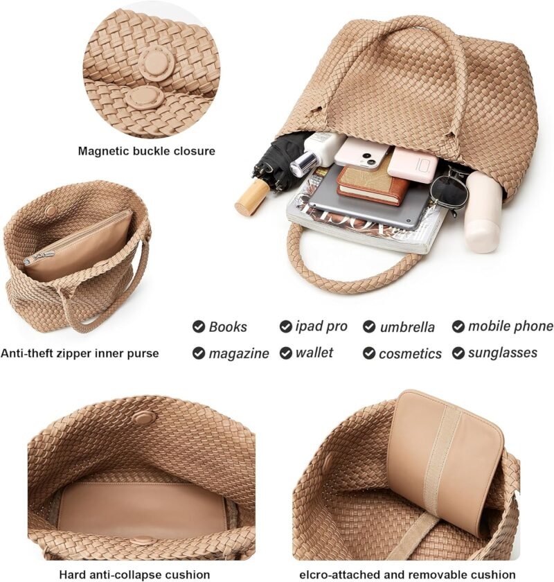 Woven Tote Bag Womens Purse: Vegan Leather Shoulder Handbags - Fashion Summer Beach Tote Bags - Large Travel Totes - Image 3