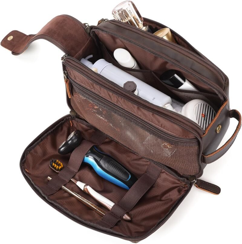 Polare Full Grain Leather Toiletry Bag for Men Large Travel Cosmetic Case Dopp Kit Shaving Kit Wash Pouch with YKK Zippers - Image 3