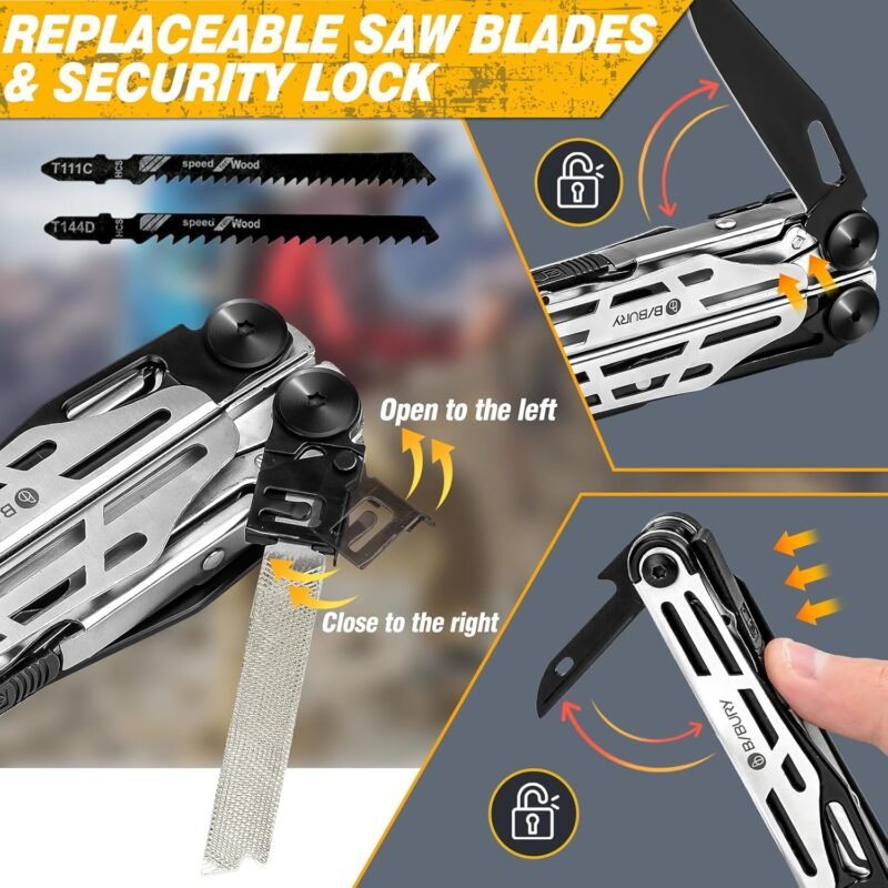 BIBURY Multitool Pliers, Stainless Steel 31-in-1 Multi Tool Pliers with Replaceable Wire Cutters and Saw, Foldable Multitools with Scissors and Screwdriver, Ideal for Camping, Survival, Repair - Image 4