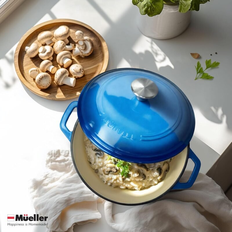 Mueller 6qt Enameled Cast Iron Dutch Oven, Heavy-Duty Casserole and Braiser Pan with Lid and Knob, Safe for All Cooktops, Aqua Blue - Image 7