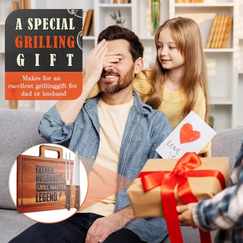 Fathers Day Grilling Gifts for Men，15.8" Acacia Wood Large Grilling Cutting Board with Carving Knife and fork Set，Grill BBQ Gifts for Men，Father's Day Dad Cooking Gift Grill Master Barbecue Presents - Image 6