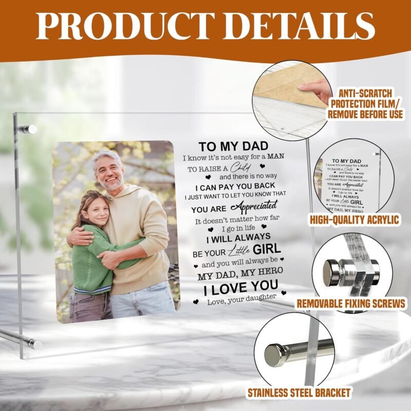 Personalized Dad Gifts from Daughter, Father's Day Acrylic Picture Frame (8"x10") Gifts for Men on Birthday - Gift For Dad - Double Panel Frame with Your Photo - Home Decor Desktop Display - Image 7