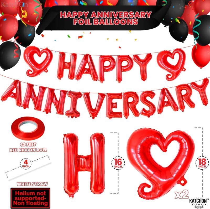 KatchOn 18 Inch Happy Anniversary Balloons Letters - Big Red Banner for Decorations | Heart Balloons for Party - Image 4