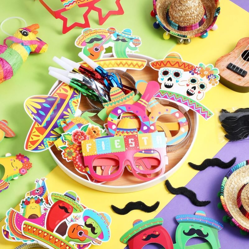 Blosssound 66 Pcs Mexican Fiesta Party Favors Cinco De Mayo Decorations Include Taco Sombrero Piñata Headbands Margarita Cactus Eyeglasses Noise Makers Black Mustaches for Mexican Party Supplies - Image 4