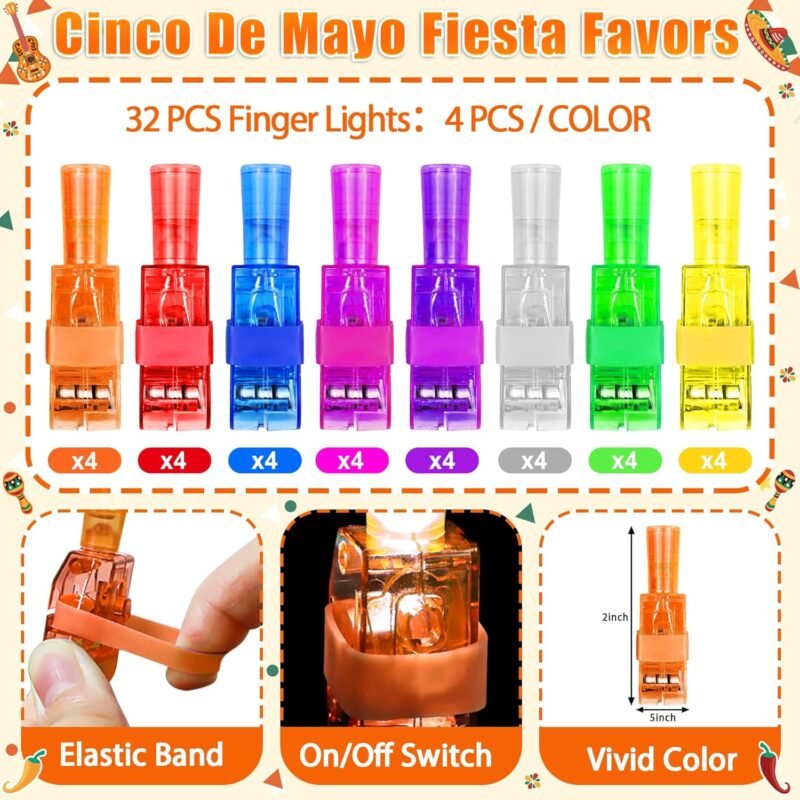 32Pcs Finger Lights Cinco De Mayo Party Favors Fiesta Mexican Decorations Goodie Bags Stuffers Bulk Toys for Kids Prizes Glow in The Dark Cinco De Mayo Party Supplies Taco Birthday Favors Gifts - Image 2