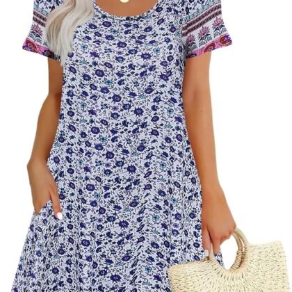 Sherosa Women's Summer Dresses 2025 Beach Boho Sundress Short Sleeve Loose Casual Tshirt Dress with Pockets