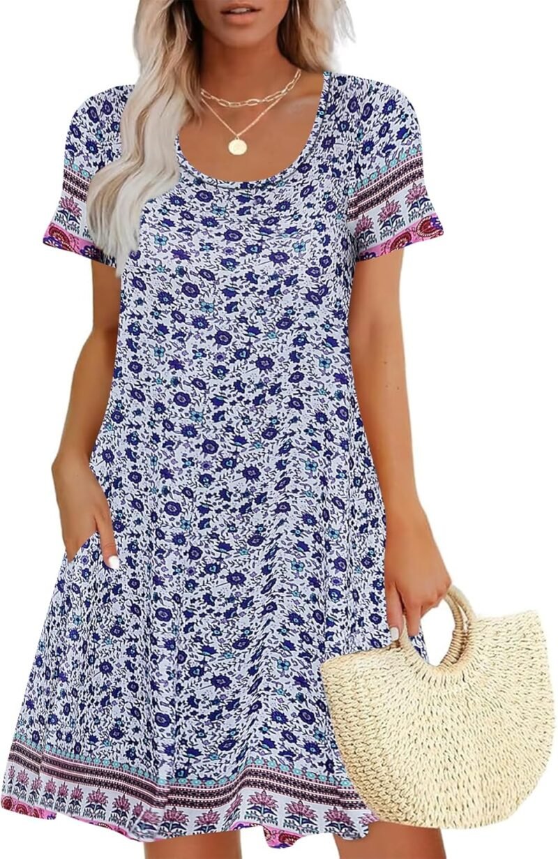 Sherosa Women's Summer Dresses 2025 Beach Boho Sundress Short Sleeve Loose Casual Tshirt Dress with Pockets
