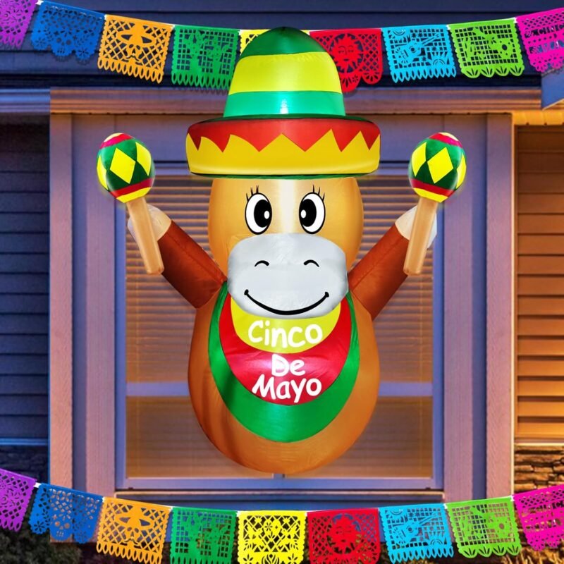 TURNMEON 4 Ft Cinco De Mayo Inflatables Outdoor Decorations Blow Up Fiesta Donkey with Sombrero Maraca Lean Out from Window Built-in LED for May 5 Mexican Fiesta Party Decorations Yard Lawn Garden - Image 5