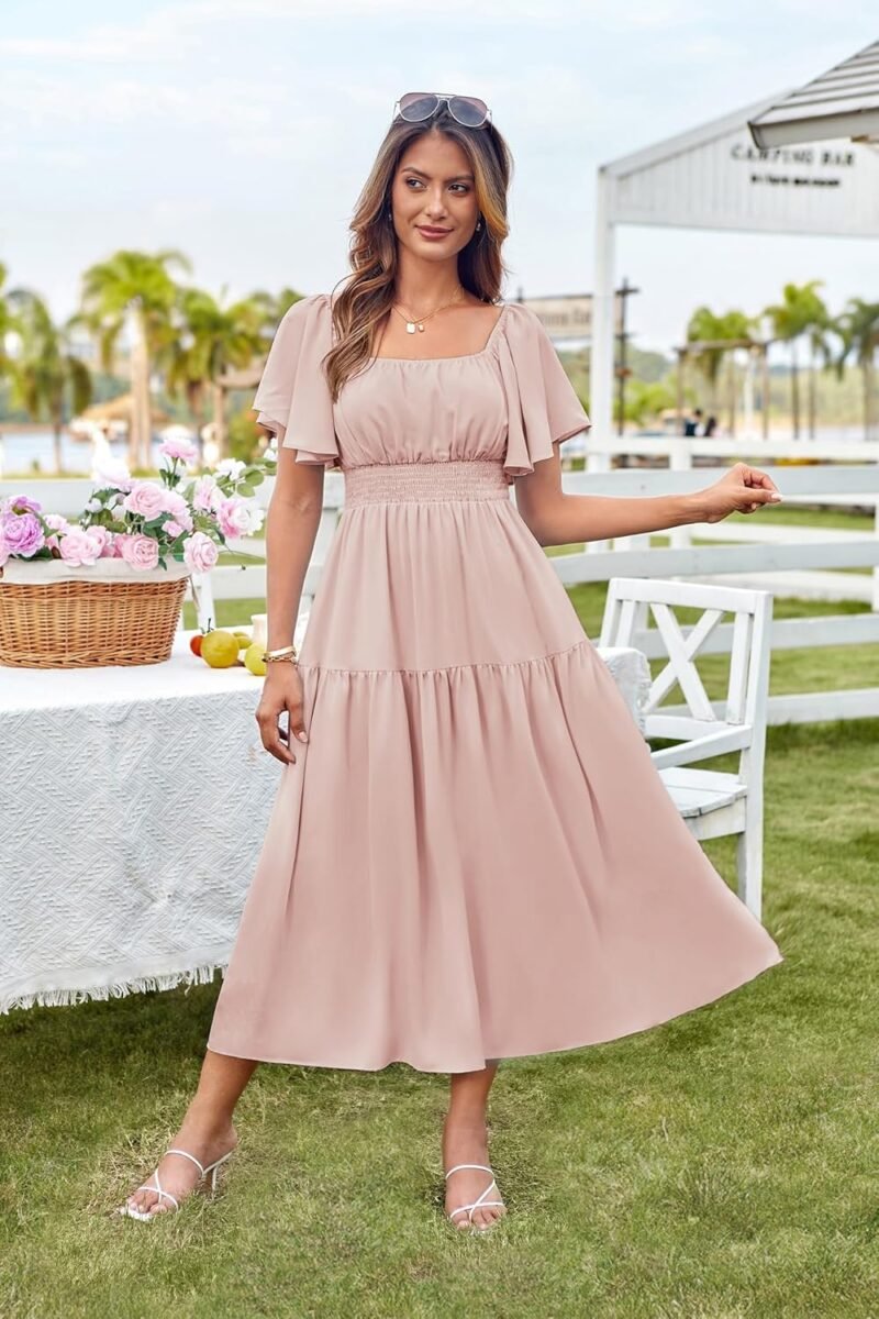 GRACE KARIN Women's Summer Short Sleeve Square Neck Smocked Waist Casual Vacation Tiered Flowy Maxi Dress - Image 4