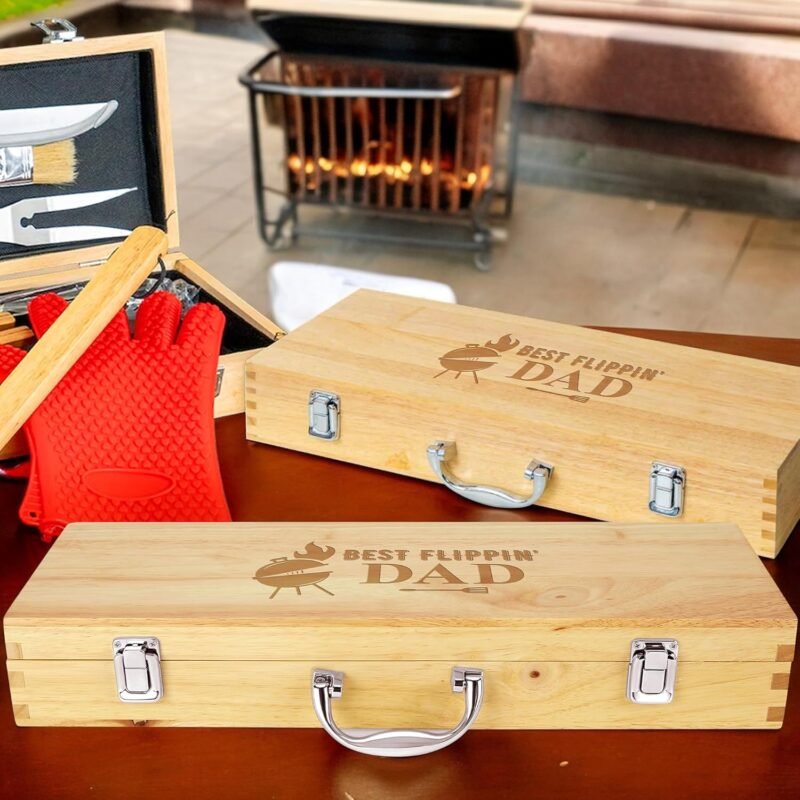 11-Piece BBQ Grilling Set with Engraved Maple Wood Box, Stainless Steel Tools with Wooden Handles, Ideal Gift for Dad on Birthday, Father’s Day - Best Flipping Dad - Image 3