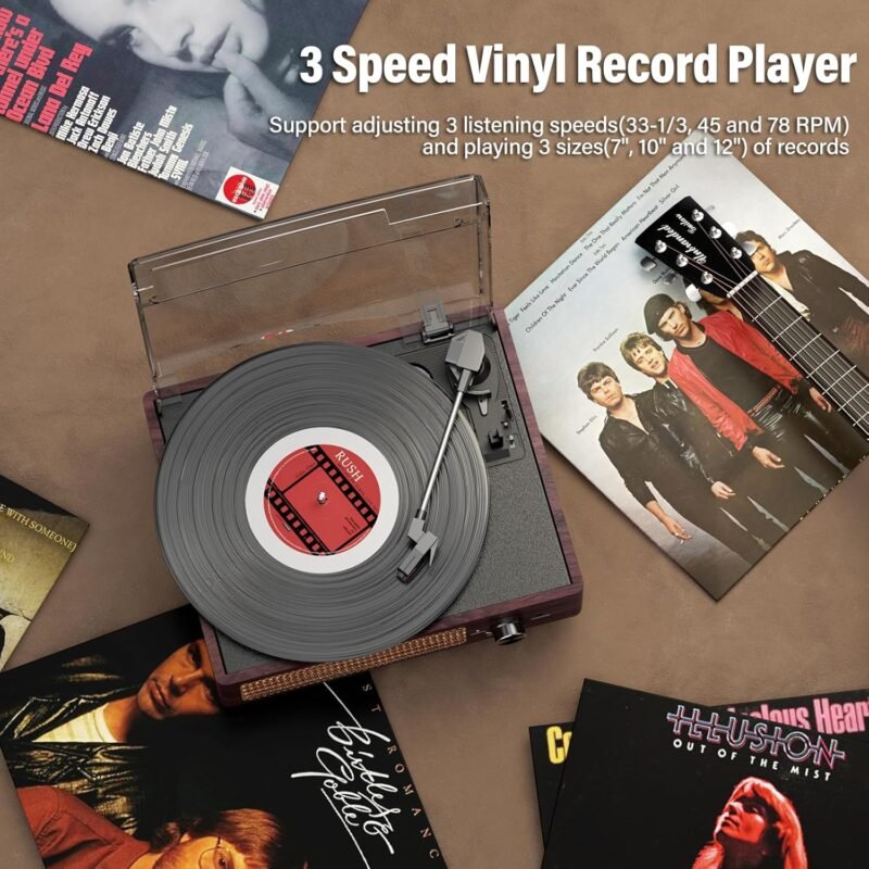Bluetooth Vinyl Record Player,3-Speed Turntable with Stereo Speakers Vintage Phonograph Record Player, with RCA Line Out AUX in Headphone Jack (Brown) - Image 5