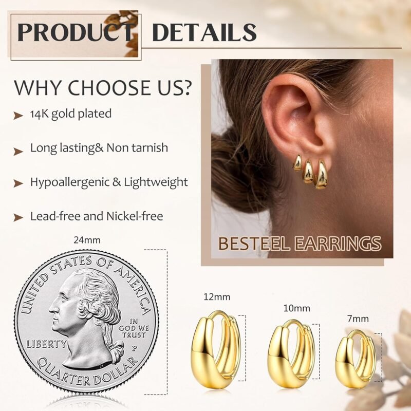 BESTEEL 3Pairs Gold Hoop Earrings Set for Women Chunky Gold Silver Earring 14K Gold Filled Hypoallergenic Small Huggie Hoops Lightweight Tiny Thick Trendy Hoop Earrings Stacks for Multiple Piercing - Image 4