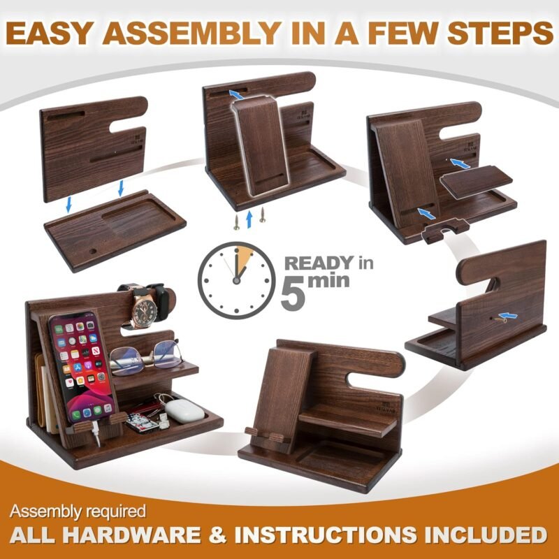 TESLYAR Wood Phone Docking Station for Men - Desktop or Nightstand Organizer - Birthday Gifts for Men, Dad - Anniversary Idea from Wife - Key Holder, Stand Wallet, Watch & Essentials (Antique Brown) - Image 6