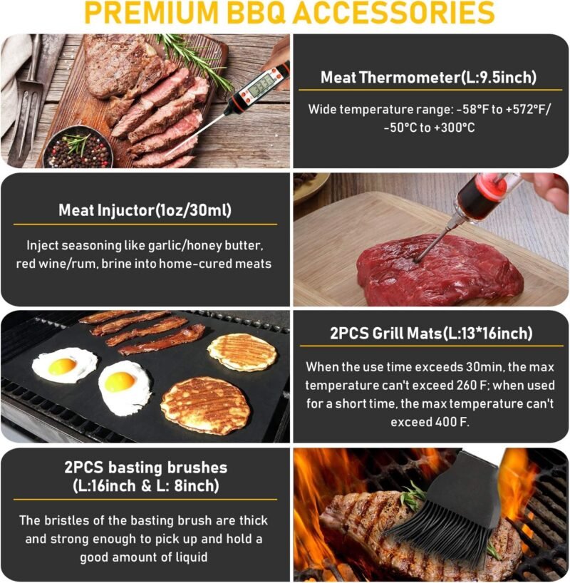 34Pcs Grill Accessories Grilling Gifts for Men, 16 Inches Heavy Duty BBQ Accessories, Stainless Steel BBQ Tools with Thermometer, Grill Mats for Backyard, BBQ Gifts Set for Men Women - Image 6