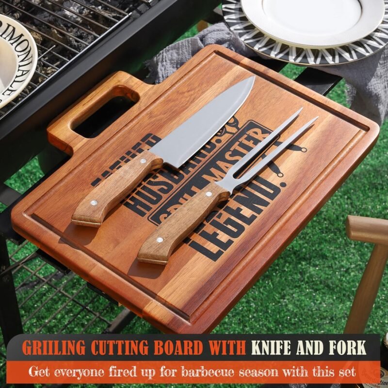 Fathers Day Grilling Gifts for Men，15.8" Acacia Wood Large Grilling Cutting Board with Carving Knife and fork Set，Grill BBQ Gifts for Men，Father's Day Dad Cooking Gift Grill Master Barbecue Presents - Image 4