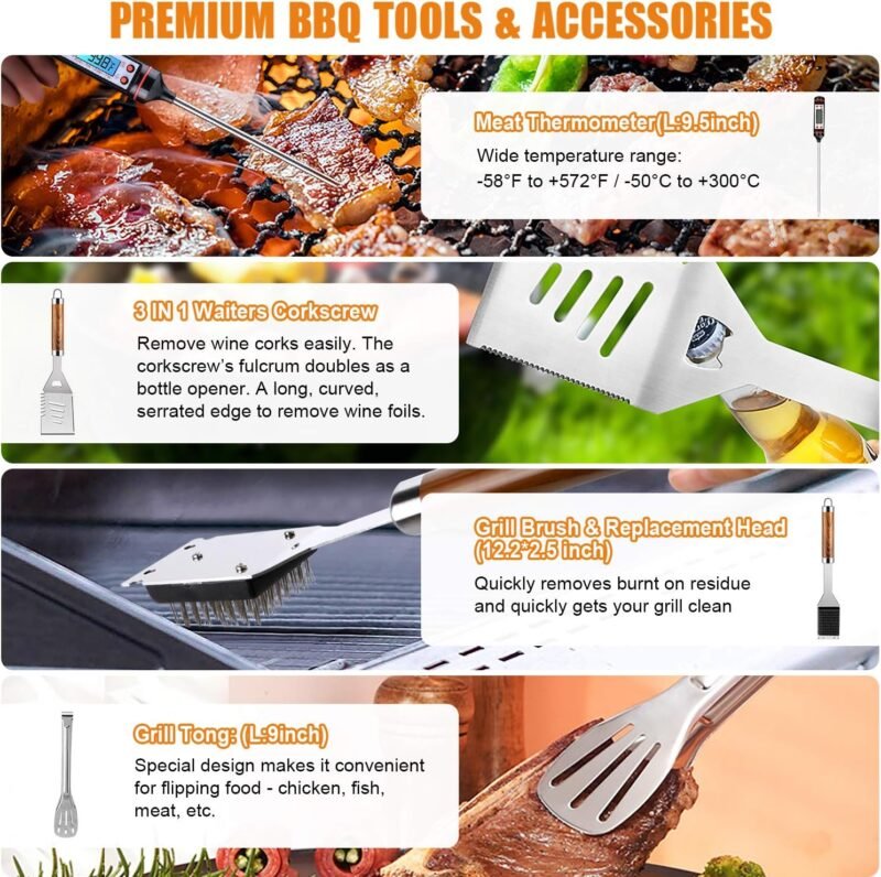 BBQ Grill Accessories Set, 38Pcs Stainless Steel Grill Tools Grilling Accessories with Aluminum Case, Thermometer, Grill Mats for Camping/Backyard Barbecue, Grill Set for Men Women - Image 4