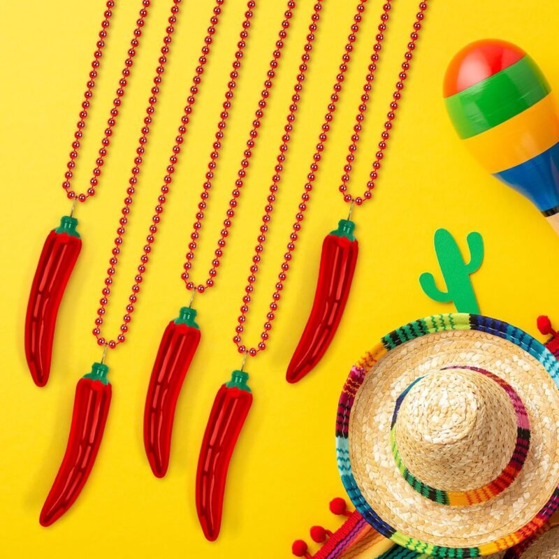 24PCS Cinco de Mayo Necklace Decorations, Fiesta Red Chili Pendant Beads Necklace Bulk, Metallic Mexican Party Decor Beads, Fiesta Cactus Pinata Maracas Accessories for Cinco de Mayo Party Favors - Image 3