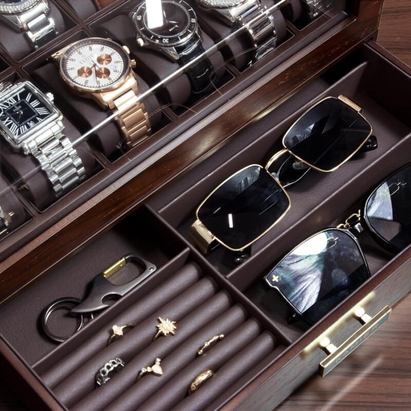 High End Watch Box for Men, 12 Slot Wooden Watch Case With Drawer, Watch Display Box with Glass Lid, 2-Layer Watch Holder for Jewelry and Watch Storage for Men Women , Ideal for Gift (With Gift Box) - Image 5