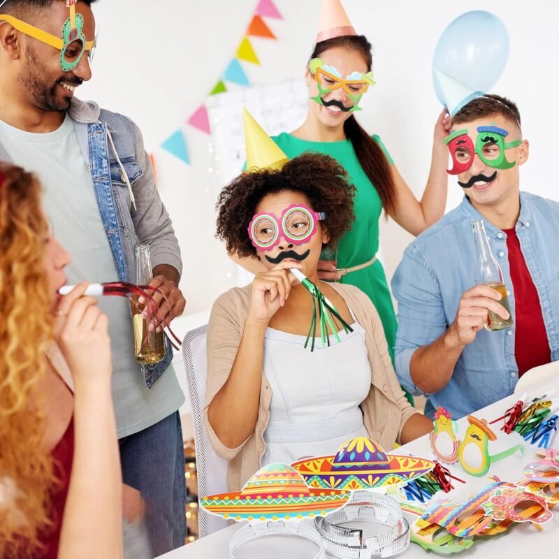Blosssound 66 Pcs Mexican Fiesta Party Favors Cinco De Mayo Decorations Include Taco Sombrero Piñata Headbands Margarita Cactus Eyeglasses Noise Makers Black Mustaches for Mexican Party Supplies - Image 6
