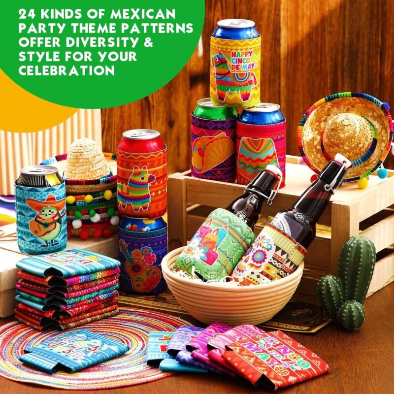 24 Pcs Mexican Can Coolers Sleeves for Adult Party Favors 12 oz Fiesta Soda Beverages Covers Neoprene Insulated Beer Bottle for Cinco De Mayo Party Supplies - Image 4