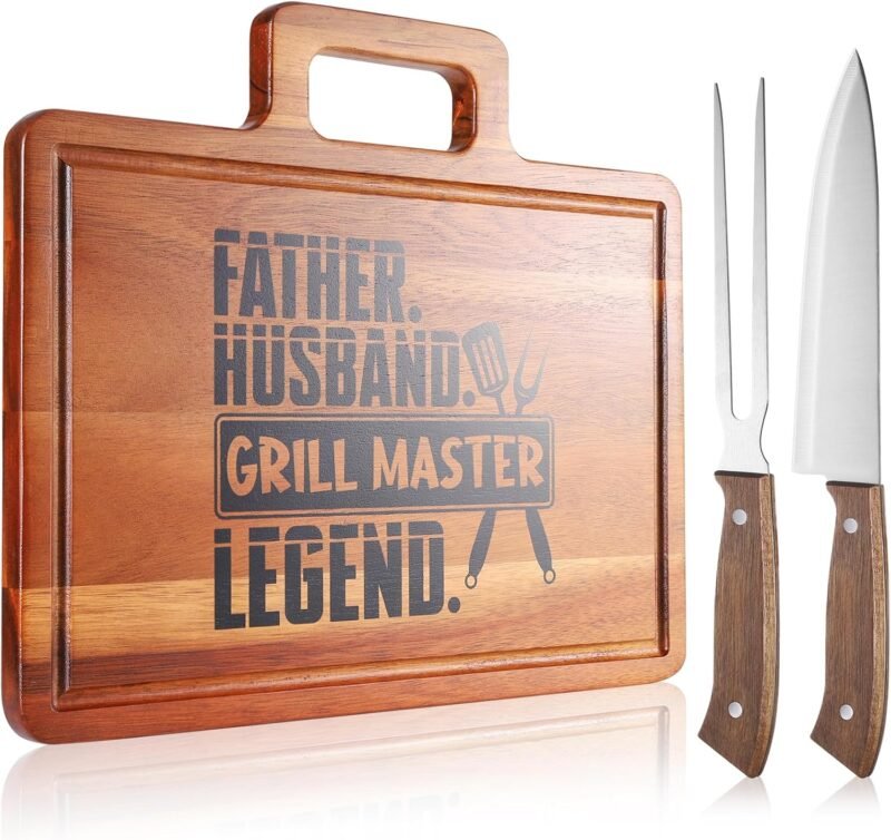 Fathers Day Grilling Gifts for Men，15.8" Acacia Wood Large Grilling Cutting Board with Carving Knife and fork Set，Grill BBQ Gifts for Men，Father's Day Dad Cooking Gift Grill Master Barbecue Presents