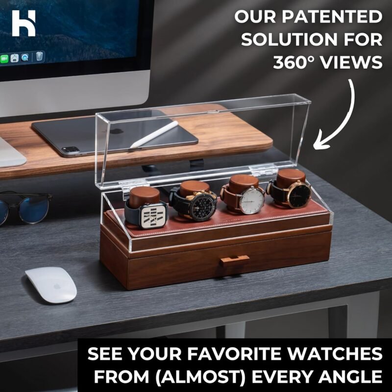 Holme & Hadfield Premium 4-Slot Wooden Watch Display Case – Handcrafted Men’s Watch Box with Accessory Drawer, Hinged Cover, Leather Lining – Father's Day Gift for Collectors – Luxury Built to Last - Image 3