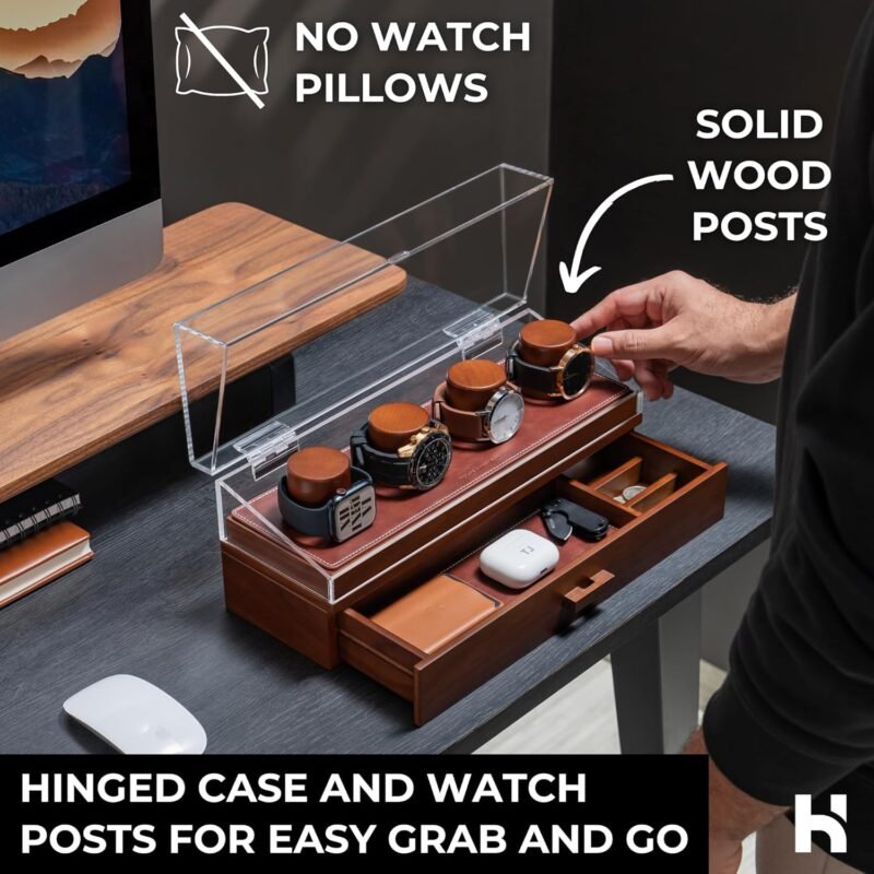 Holme & Hadfield Premium 4-Slot Wooden Watch Display Case – Handcrafted Men’s Watch Box with Accessory Drawer, Hinged Cover, Leather Lining – Father's Day Gift for Collectors – Luxury Built to Last - Image 5