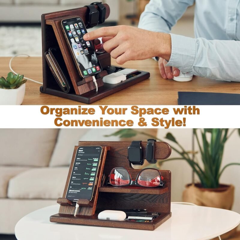 TESLYAR Wood Phone Docking Station for Men - Desktop or Nightstand Organizer - Birthday Gifts for Men, Dad - Anniversary Idea from Wife - Key Holder, Stand Wallet, Watch & Essentials (Antique Brown) - Image 9