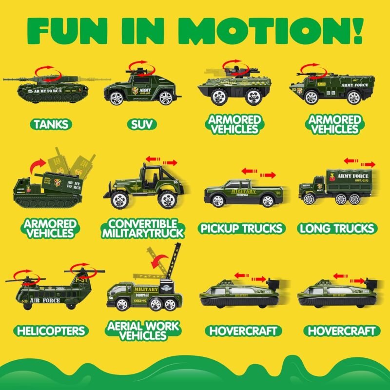 JOYIN 25 in 1 Green Military Big Truck Toys, Army Men Tanks Set with Soldier Men, Mini Battle Car Toy in Carrier Truck with Lights and Sounds, Gifts for Toddler Kids Boys Ages 3+ - Image 3
