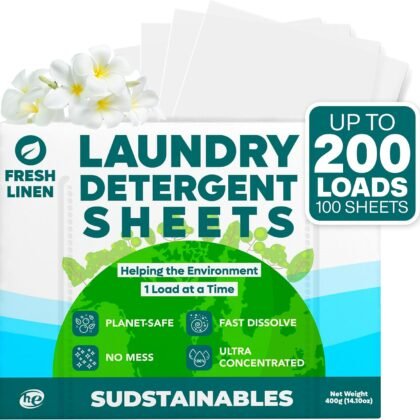 Laundry Detergent Sheets (200 Loads) – Eco-Friendly, Zero Waste, Plastic-Free Laundry Washing Machines Soap Sheets; Dissolvable, Space-Saving Strips for Travel (Fresh Linen)