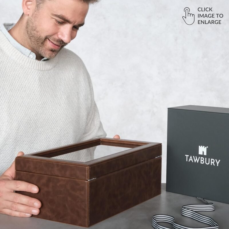 TAWBURY 12 Slot Watch Box Organizer for Men – Luxury Watch Display Case for Men | Mens Watch Case 12 Slot | Watch Storage Case - Brown - Image 6