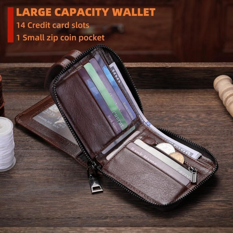 BULLCAPTAIN Genuine Leather Men's Wallet with Zipper Vintage RFID Blocking Large Capacity Wallet for Men with 14 Credit Card Slots and 1 ID Window T23 (Coffee) - Image 4