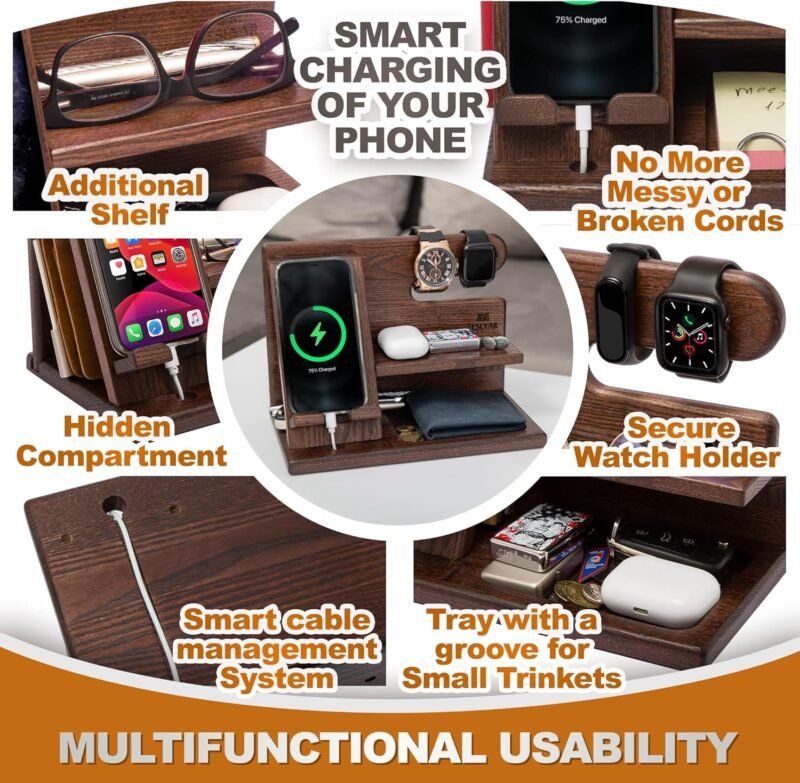 TESLYAR Wood Phone Docking Station for Men - Desktop or Nightstand Organizer - Birthday Gifts for Men, Dad - Anniversary Idea from Wife - Key Holder, Stand Wallet, Watch & Essentials (Antique Brown) - Image 4