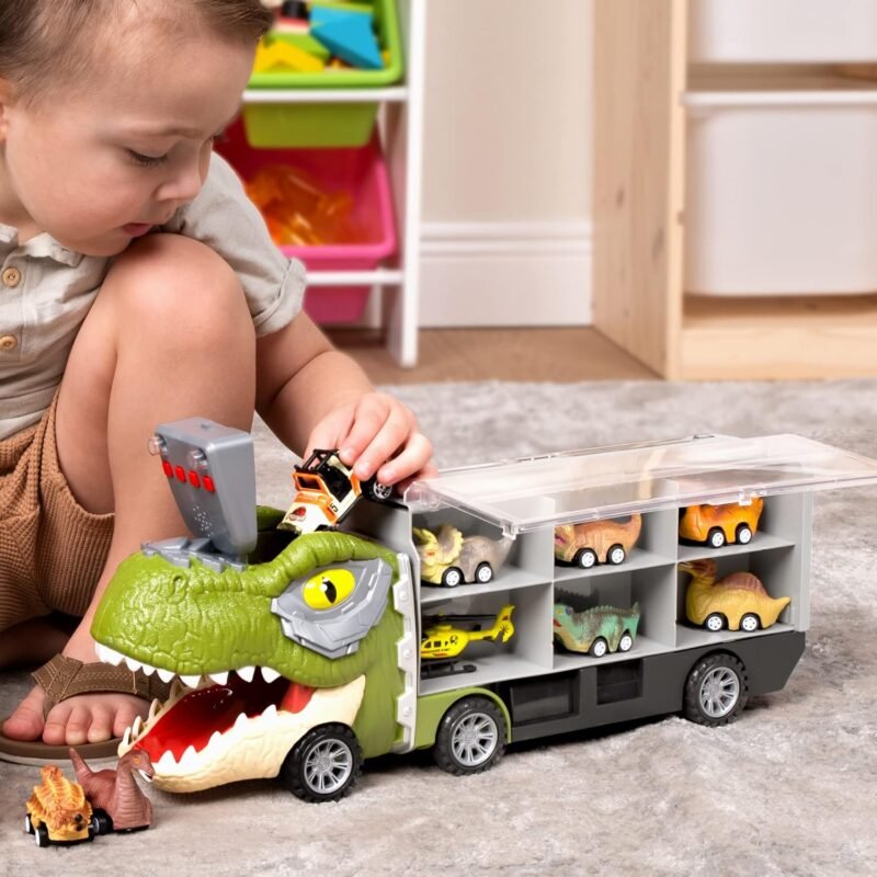 JOYIN 13 in 1 Dinosaur Toys for Kids 3-5, Dinosaur Truck with 12 Pull Back Cars, Small Cars Set, Birthday Gifts Toys for 3 4 5+ Year Old Boy, Transport Carrier Truck for Toddlers 3-4 Years - Image 9