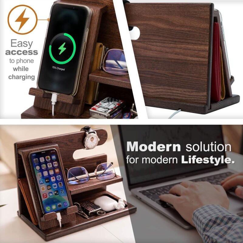 TESLYAR Wood Phone Docking Station for Men - Desktop or Nightstand Organizer - Birthday Gifts for Men, Dad - Anniversary Idea from Wife - Key Holder, Stand Wallet, Watch & Essentials (Antique Brown) - Image 2