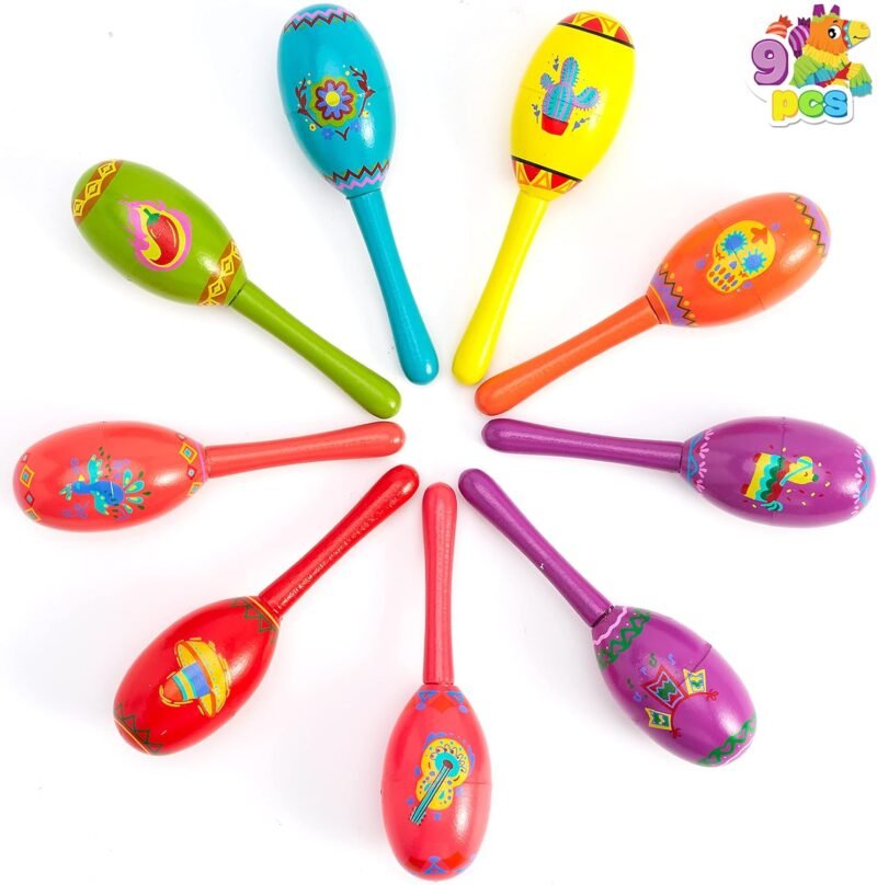 JOYIN 9 Pcs Fiesta Wooden Maracas 9 Designs Noisemaker for Cinco De Mayo Party Favors, Mexican Musical Fun, Carnivals, Taco Tuesday Event, Mexican Decorations, Luau Party