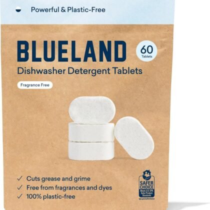 BLUELAND Dishwasher Detergent Tablets, 60 Count, Unscented 100% Plastic-Free Eco Friendly Dishwashing Pods, Natural, Sustainable
