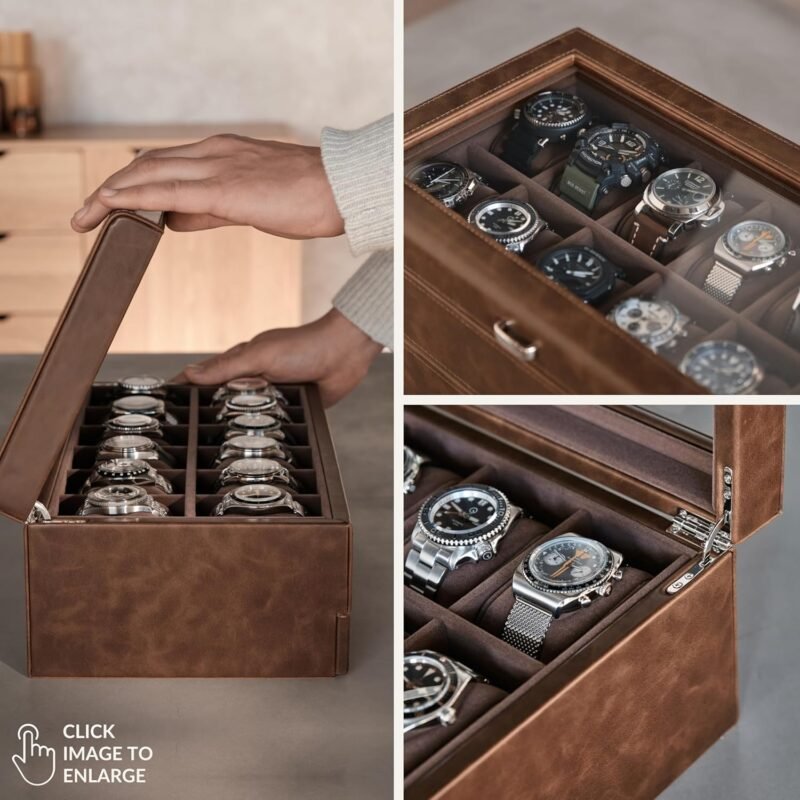 TAWBURY 12 Slot Watch Box Organizer for Men – Luxury Watch Display Case for Men | Mens Watch Case 12 Slot | Watch Storage Case - Brown - Image 4