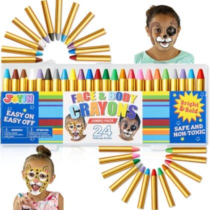 JOYIN 24 Colors Face Paint Safe & Non-Toxic Face and Body Crayons (Large Size 3 inch) Ultimate Party Pack Including 6 Metallic Colors for Birthday Toy Makeup Party Suppiles, Gifts for Kids Girls Boys