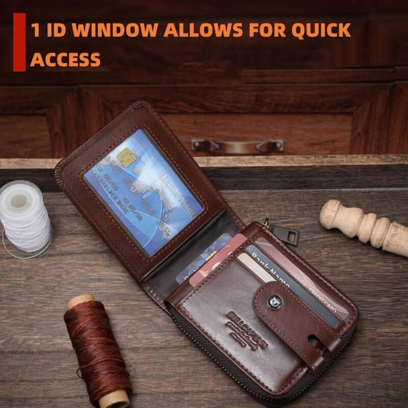 BULLCAPTAIN Genuine Leather Men's Wallet with Zipper Vintage RFID Blocking Large Capacity Wallet for Men with 14 Credit Card Slots and 1 ID Window T23 (Coffee) - Image 3