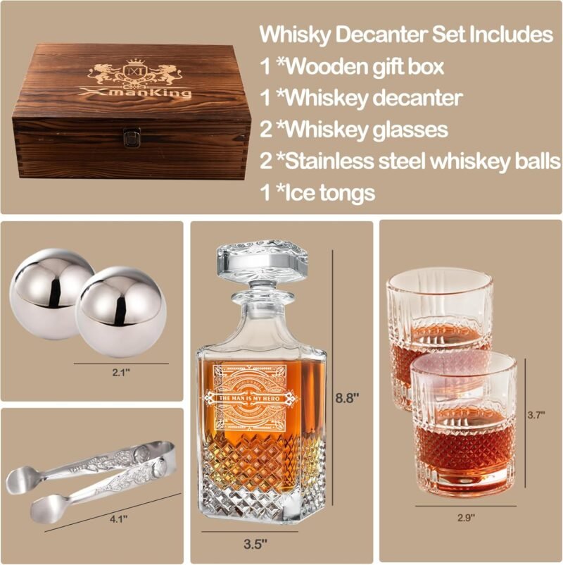 Whiskey Decanter, Decanter Sets for Men, Whiskey Glasses, Stainless Steel Whiskey Stones and Tongs with Wooden Gift Box, Father's Day Gifts for Dad, Retirement Birthday Gifts for Men - Image 8