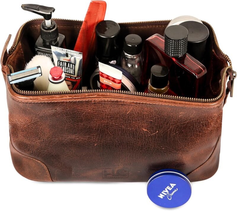 HLC Leather Toiletry Bag for Men - Best Gift for Men - Premium Genuine Leather Dopp Kit Shaving Kit Organizer Travel Kit Pouch Bag for Men - Large Size - Rustic Brown - Image 5