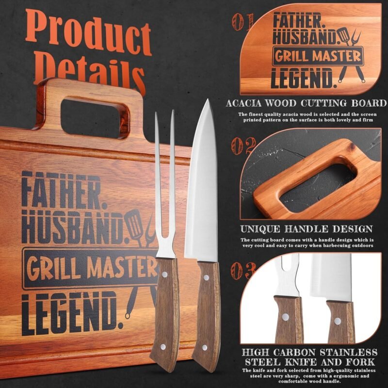 Fathers Day Grilling Gifts for Men，15.8" Acacia Wood Large Grilling Cutting Board with Carving Knife and fork Set，Grill BBQ Gifts for Men，Father's Day Dad Cooking Gift Grill Master Barbecue Presents - Image 3